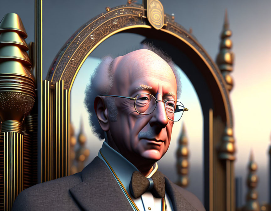 Bald bespectacled man in suit against art deco background