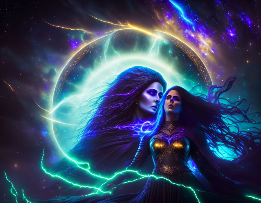 Ethereal women with flowing hair in cosmic scene with eclipsed moon.