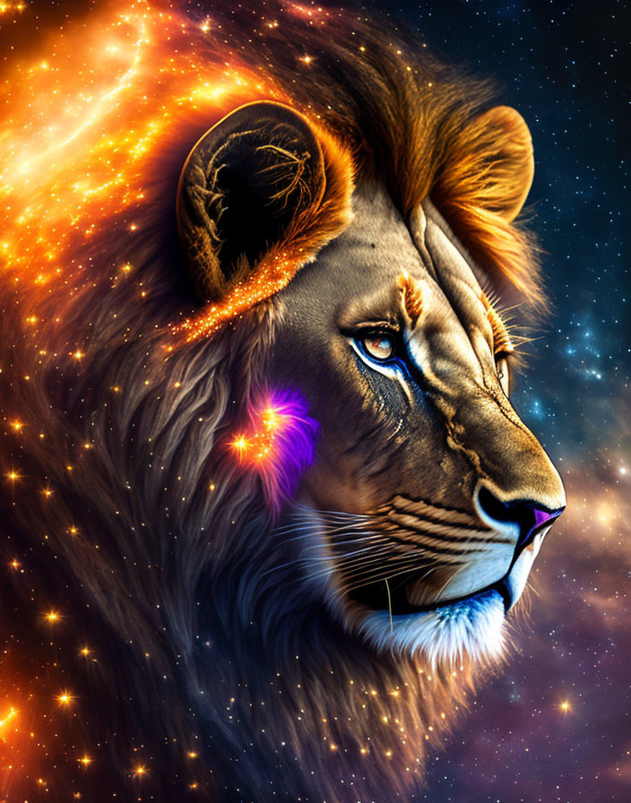 Majestic lion's head in cosmic digital art