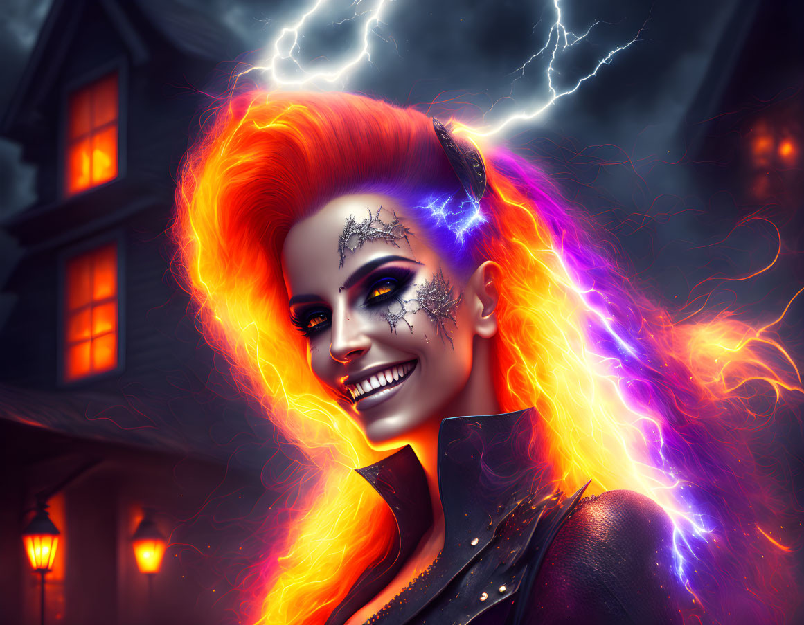 Neon Orange and Purple Hair Woman with Eerie House Under Stormy Sky