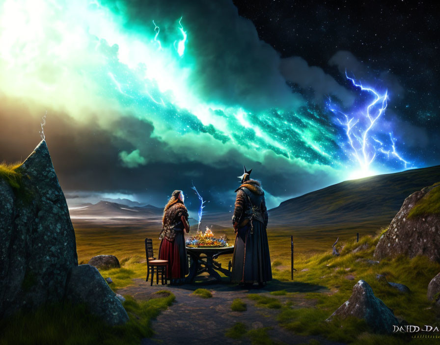 Viking-themed feast under vibrant aurora and lightning