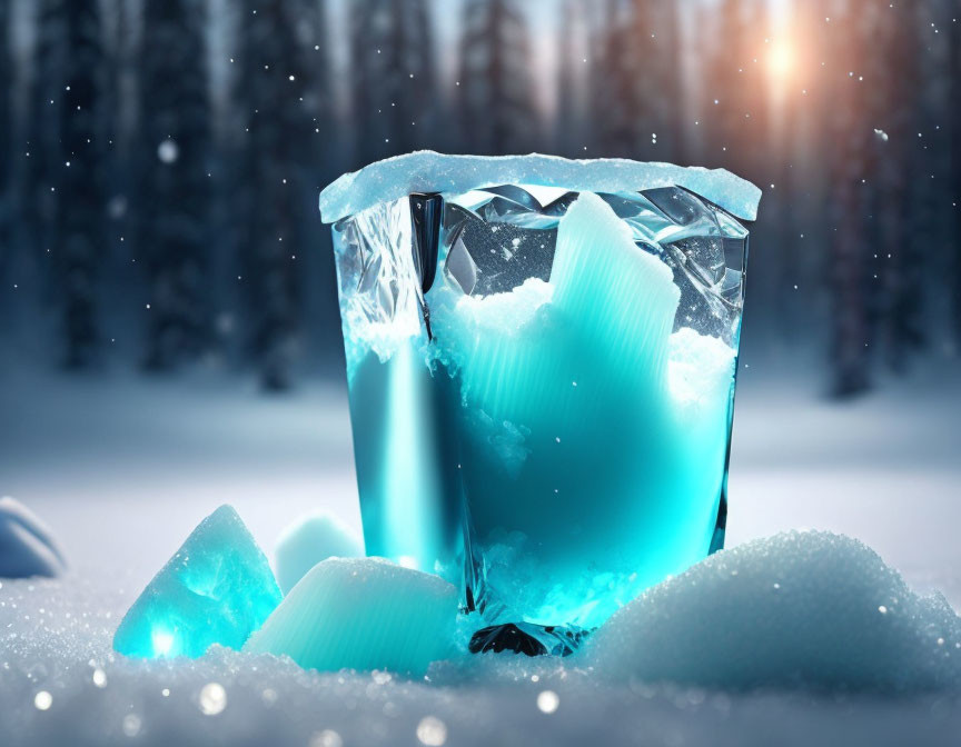 Blue cocktail glass on ice with snowflakes & wintry forest backdrop