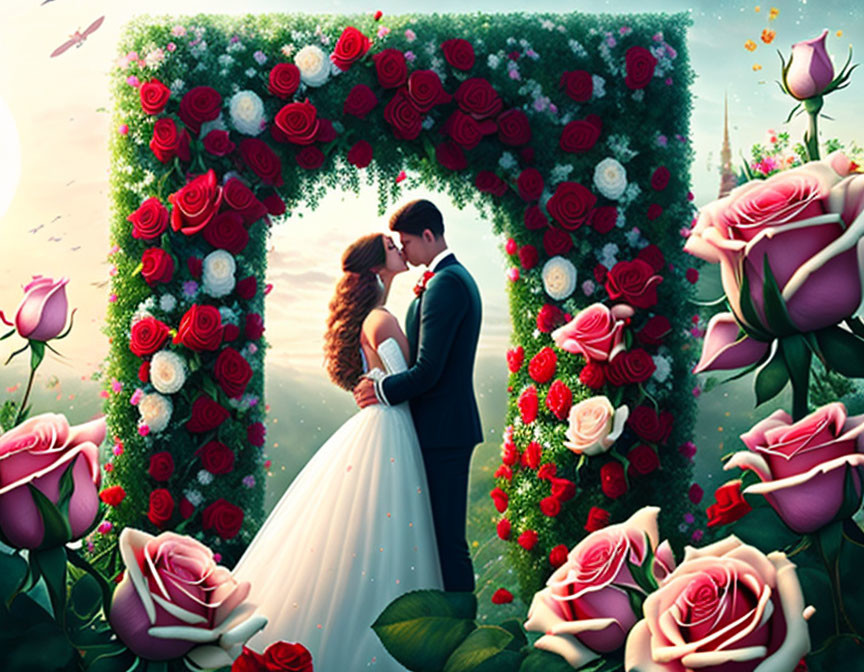 Wedding couple embracing in surreal floral landscape