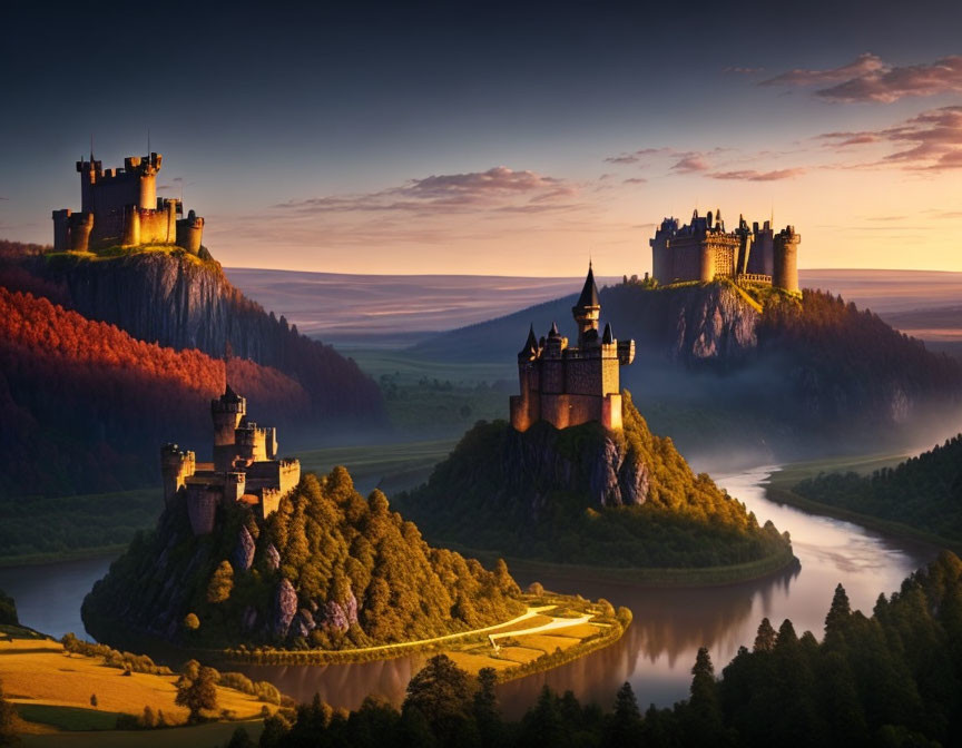 Three castles on hilltops by a winding river at sunset