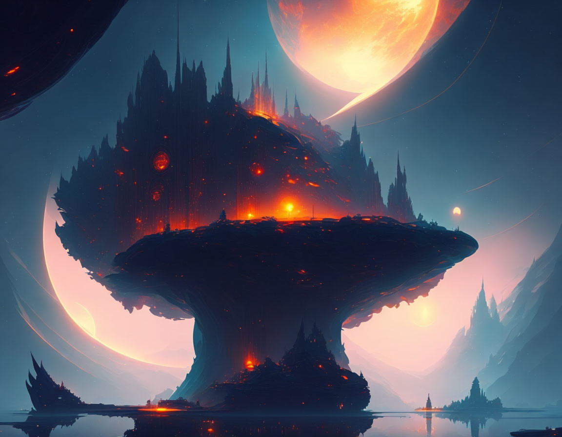 Massive floating island in fantastical alien landscape