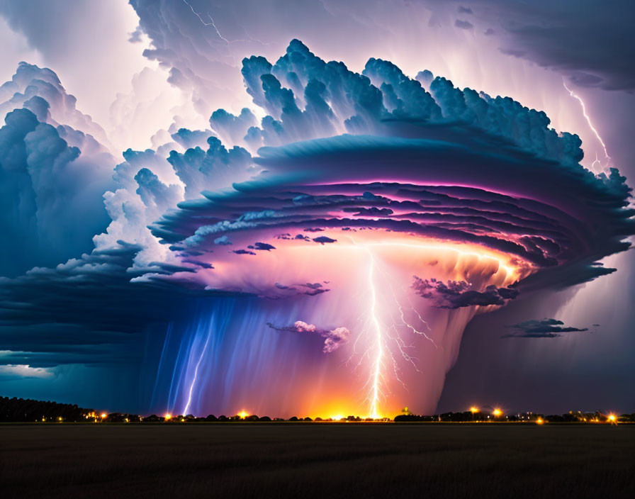 Supercell Thunderstorm with Lightning Strikes at Twilight