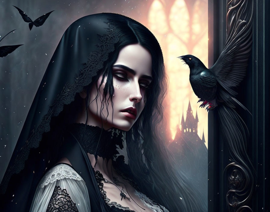 Pensive gothic woman with raven in front of castle landscape