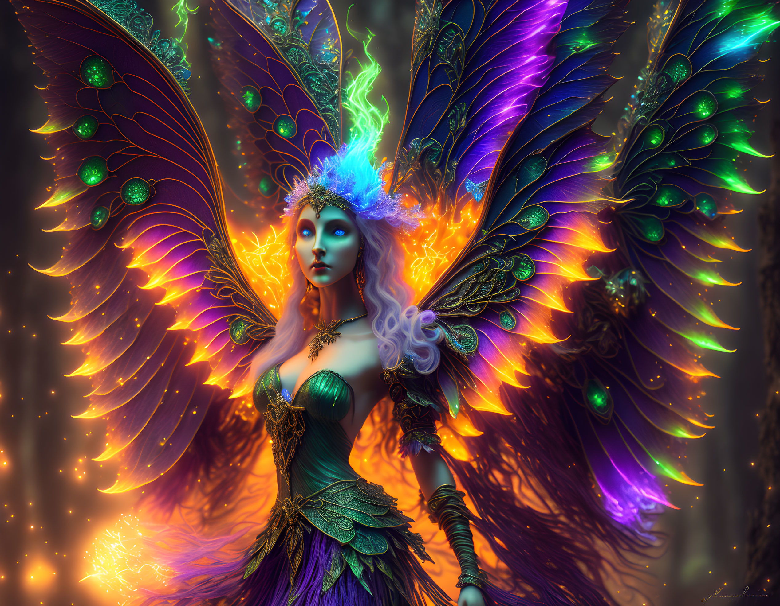 Colorful digital artwork: fantastical female creature with butterfly wings and flame-like headdress