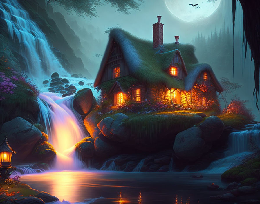 Whimsical cottage by waterfall under full moon