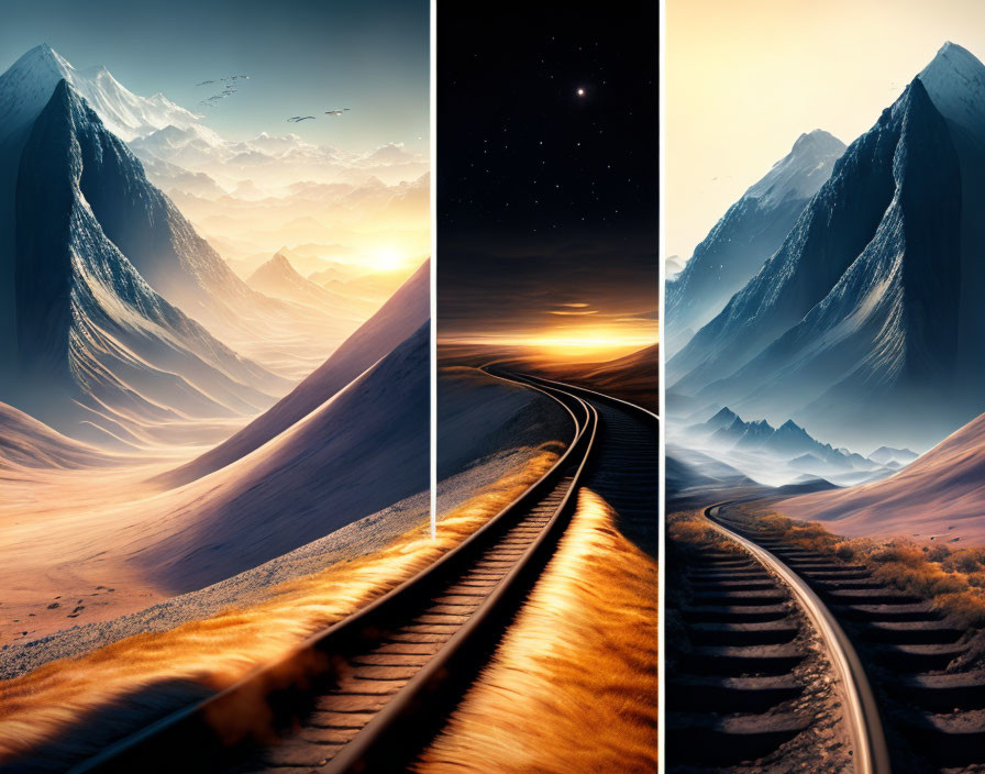 Composite Image: Railway Tracks Desert to Mountains, Day to Night