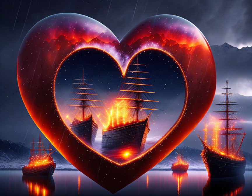 Heart-shaped portal frames burning ship on calm waters under stormy sky