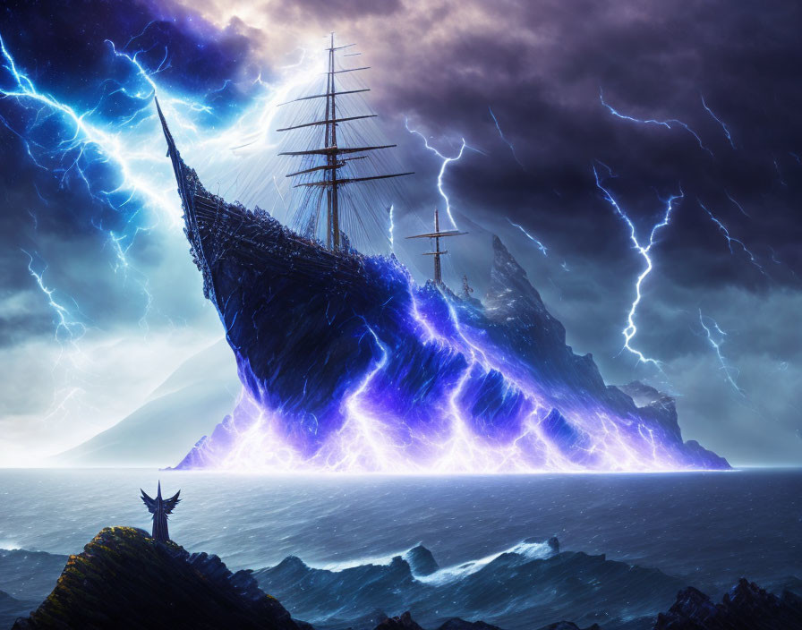 Glowing outlined ship stranded on stormy shore with lightning-filled sky