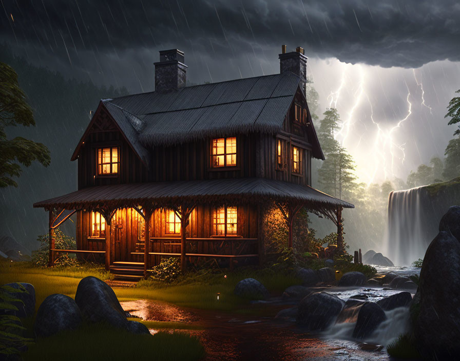 Secluded cabin by waterfall in stormy nature