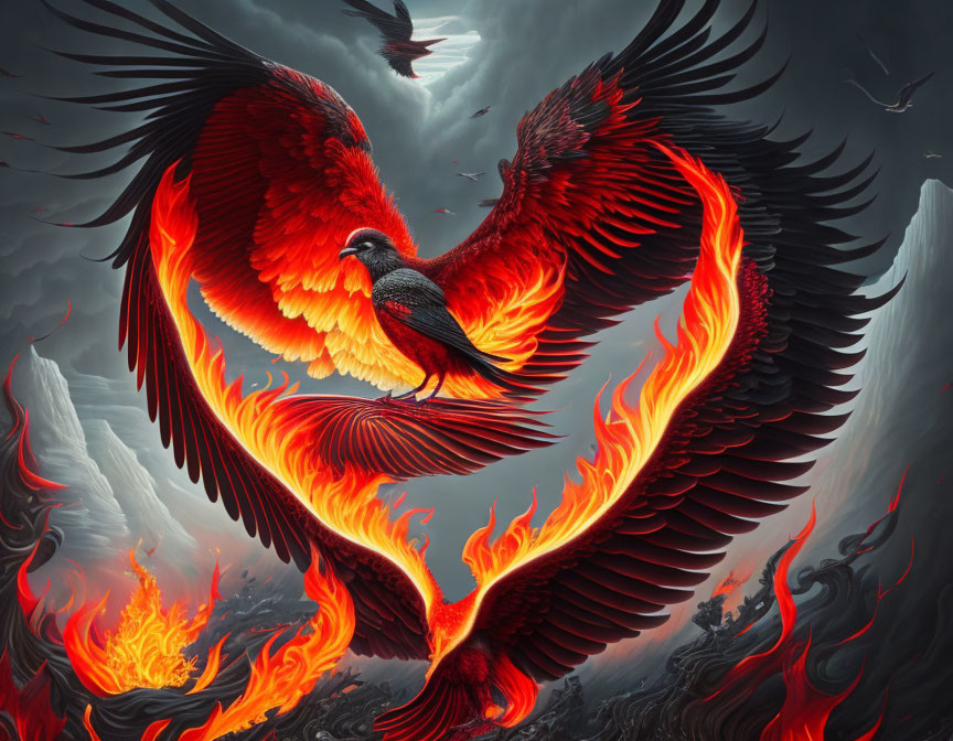 Majestic phoenix with fiery wings in heart shape amid molten lava landscape