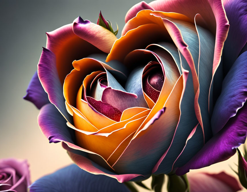 Multicolored rose with purple, orange, and yellow petals