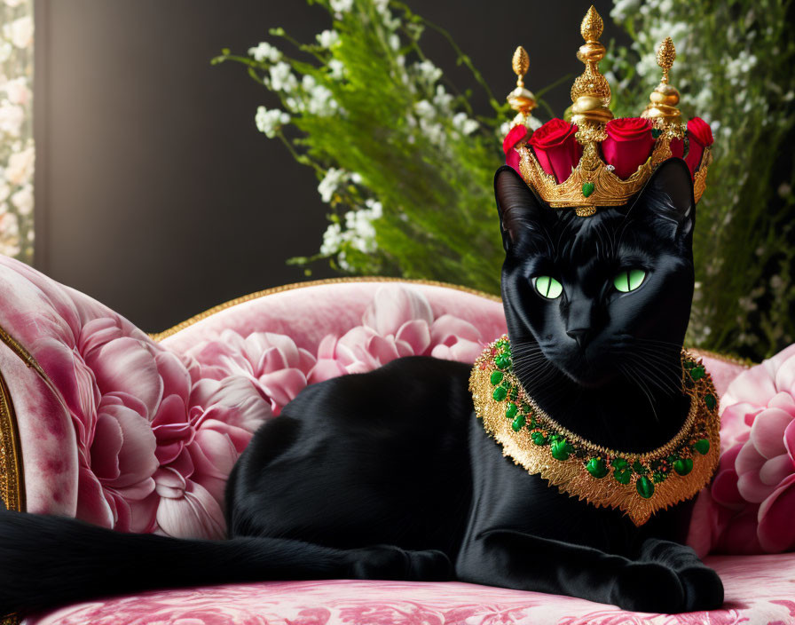 Black Cat with Golden Crown and Necklace on Pink Sofa with White Flowers