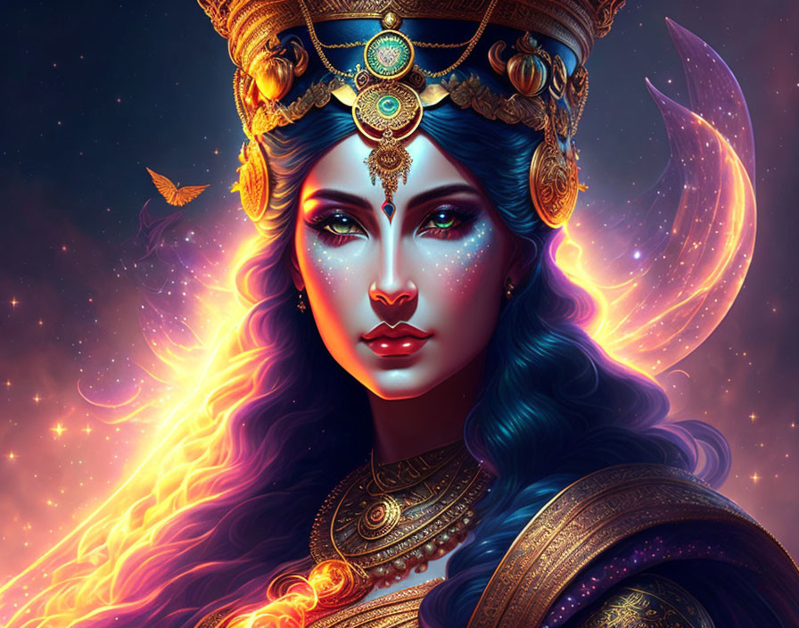 Regal woman with blue skin in cosmic setting.