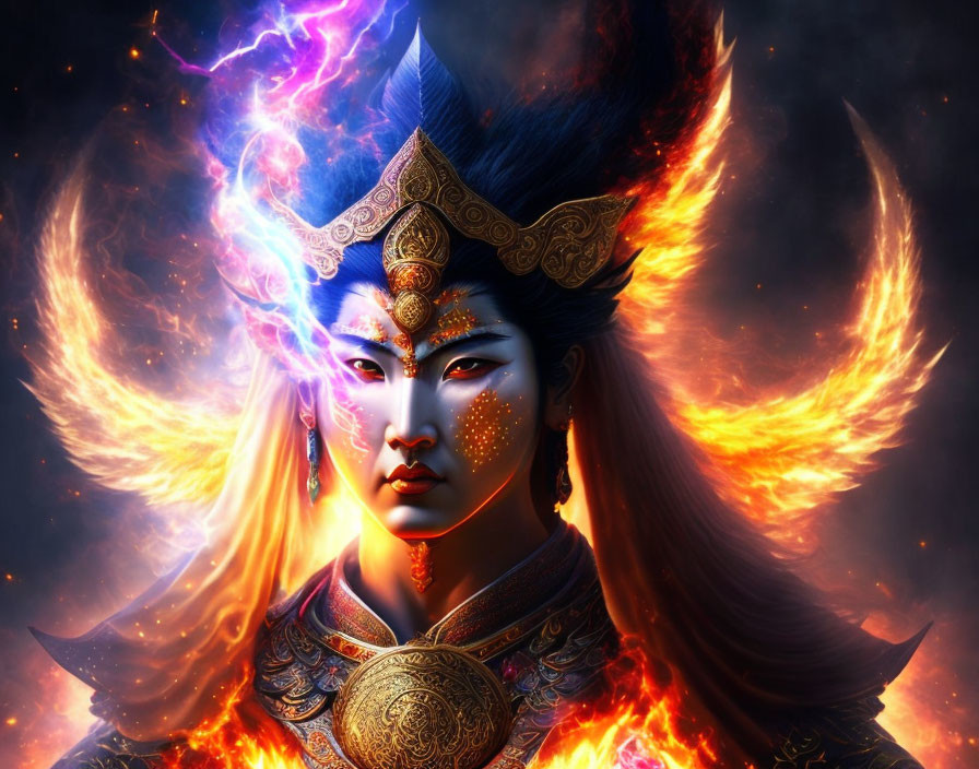 Mystical female figure with elaborate headdress in fiery setting