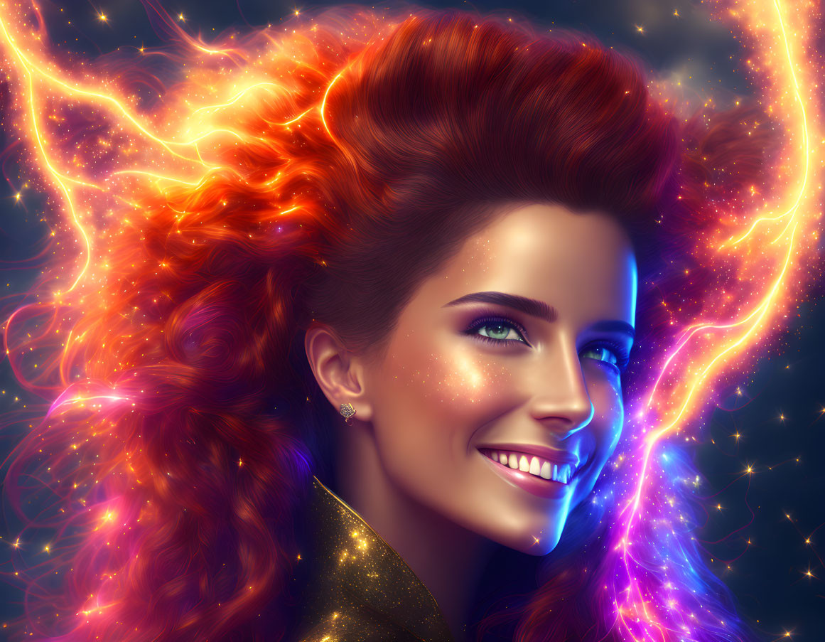 Smiling woman with red hair in cosmic background