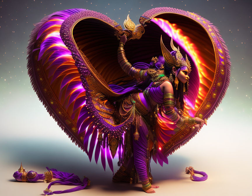 Elaborate heart-shaped wings on mystical figure with ornate armor