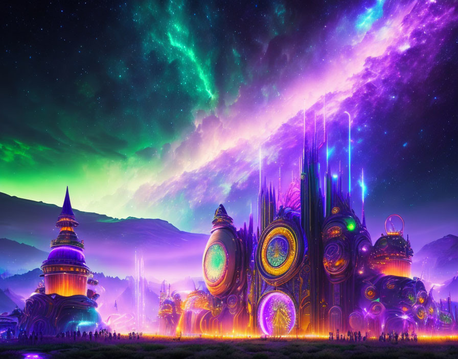 Futuristic fantasy cityscape under starry aurora sky