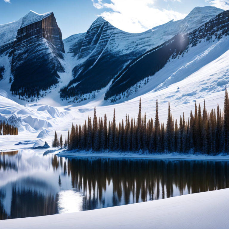 Tranquil winter forest scene by mountain lake