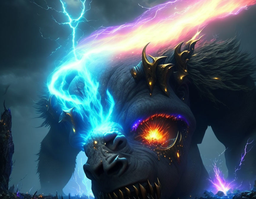 Colorful Cosmic Beast with Glowing Eye and Horn in Stormy Scene