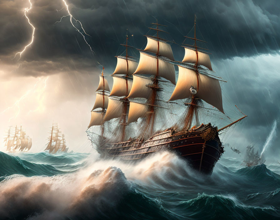 Sailing ship in storm with lightning on tumultuous seas