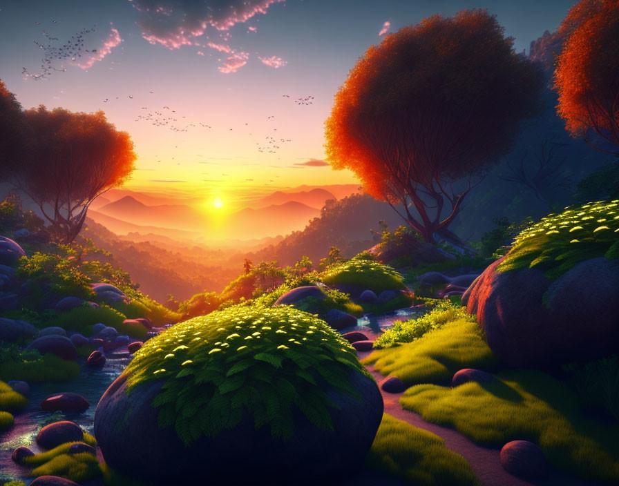 Scenic landscape with moss-covered rocks, lush greenery, orange trees, sunset, mountains, and