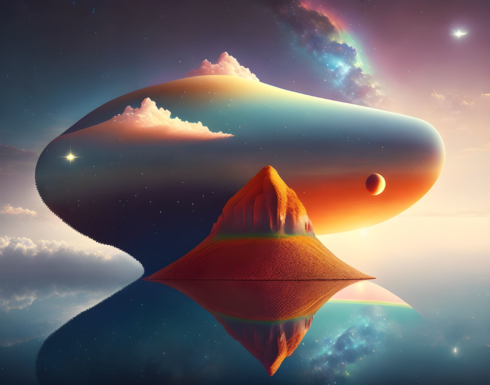 Surreal landscape with floating island and cosmic sky