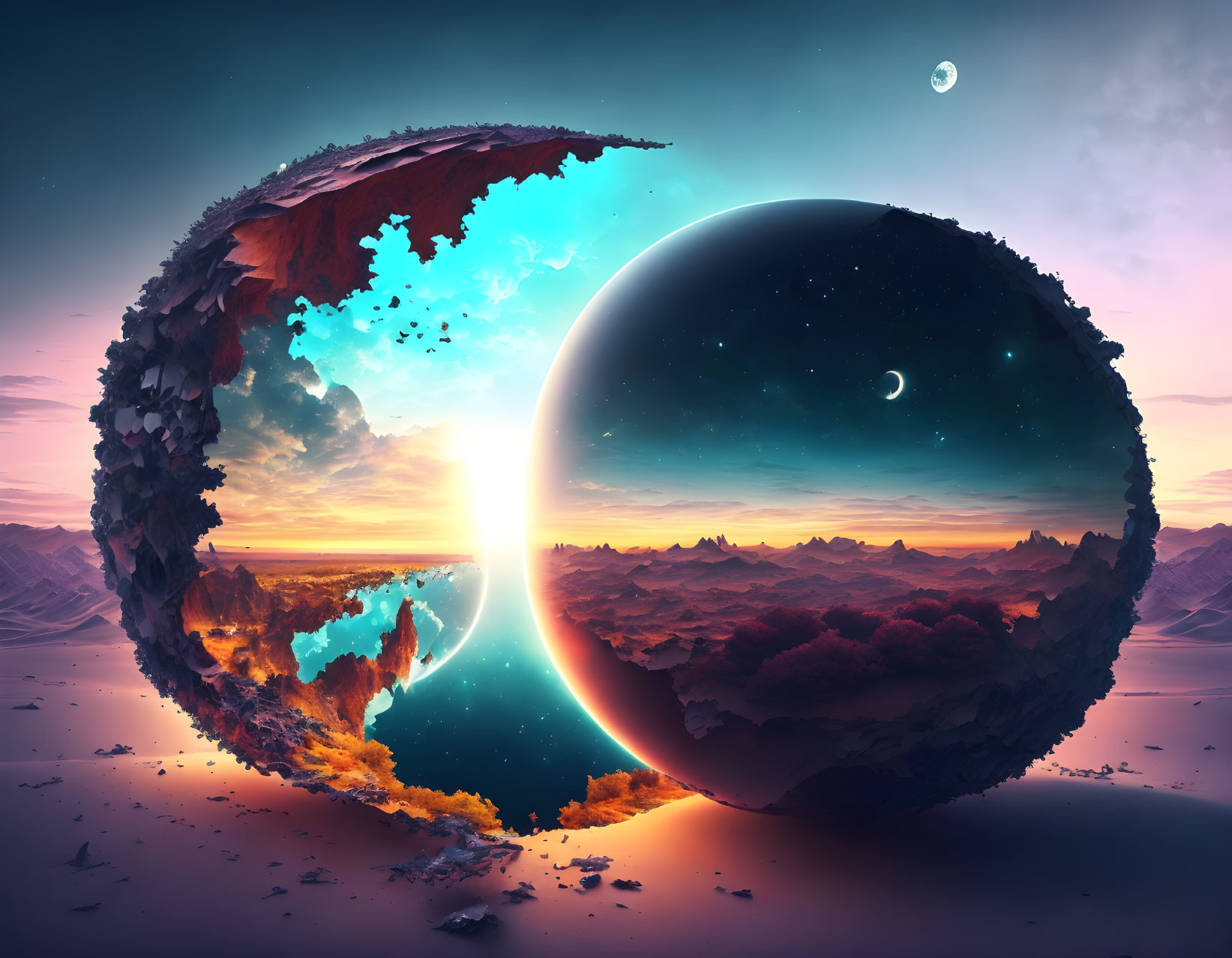 Fragmented sphere showing day and night landscapes against a dawn sky