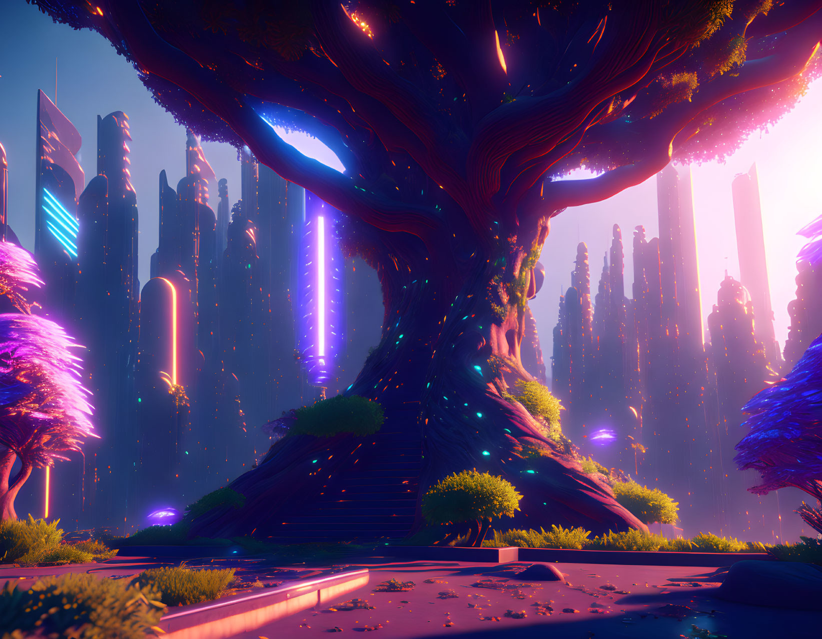 Futuristic landscape with giant tree, neon skyscrapers, and purple foliage