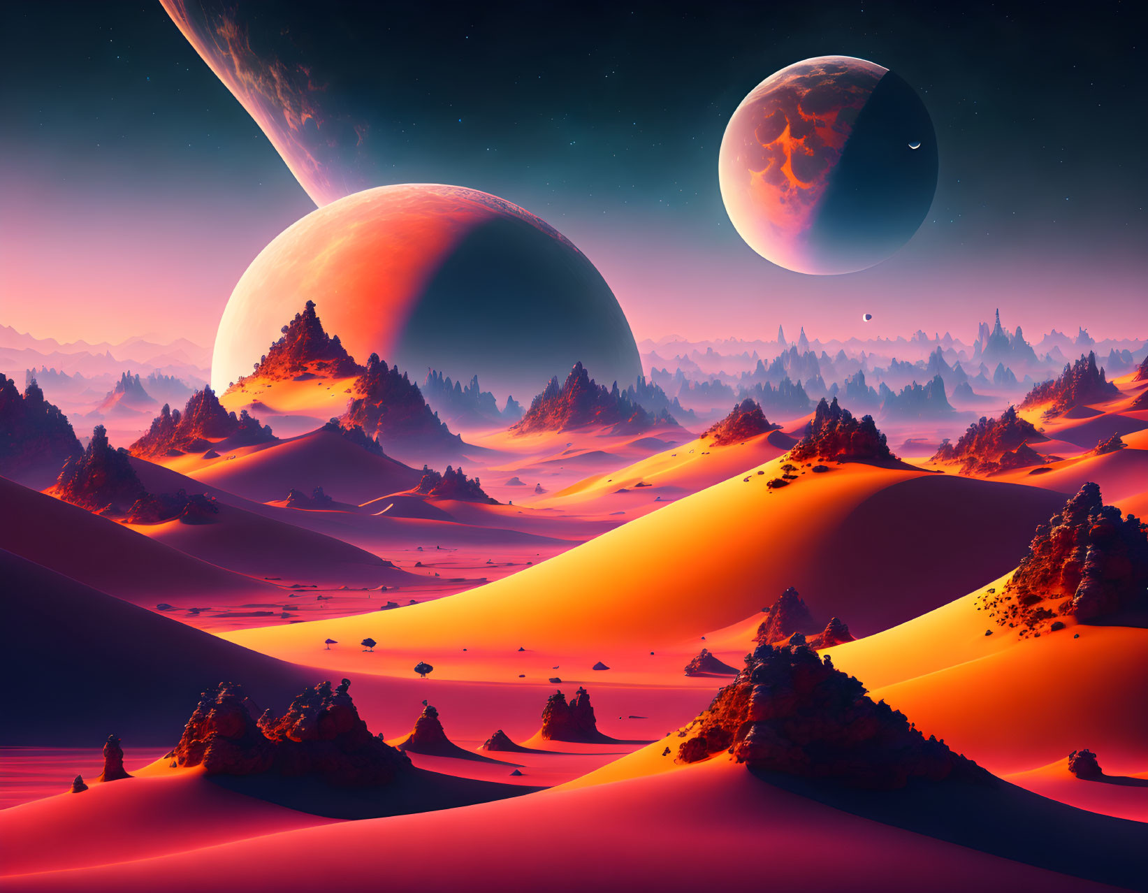 Colorful sci-fi landscape with orange dunes and alien planets