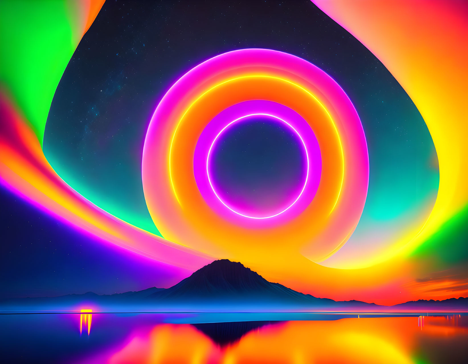 Colorful neon rings spiral above calm lake with mountain silhouette.