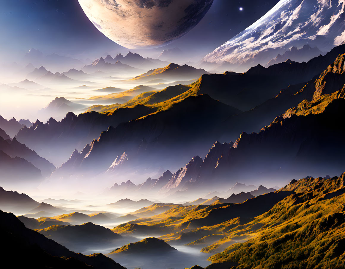 Golden mountains, misty valleys, serene lake under moonlit sky