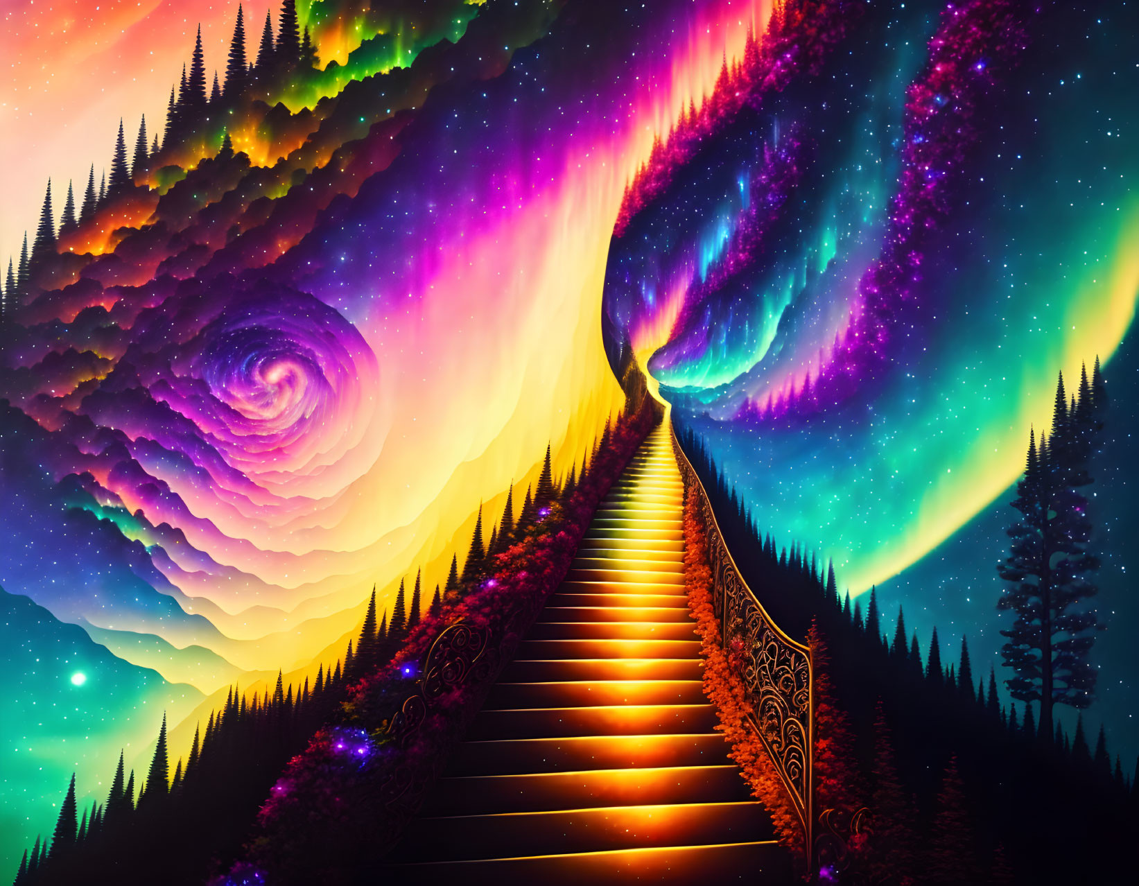 Colorful artwork: Staircase to galaxy in aurora sky