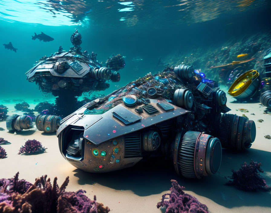 Futuristic underwater vehicles in coral reef setting, one covered in marine life