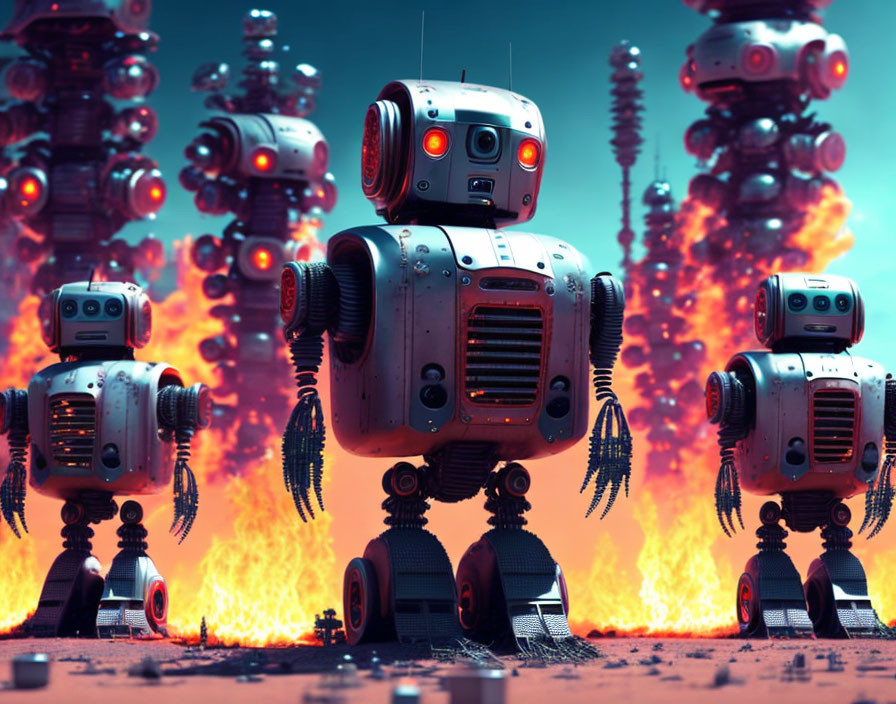 Anthropomorphic Robot Figures Amid Fiery Explosions