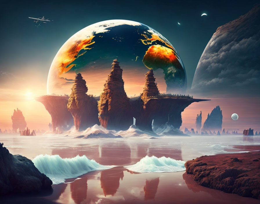 Colossal rock formations in surreal landscape with giant planet and alien sunset