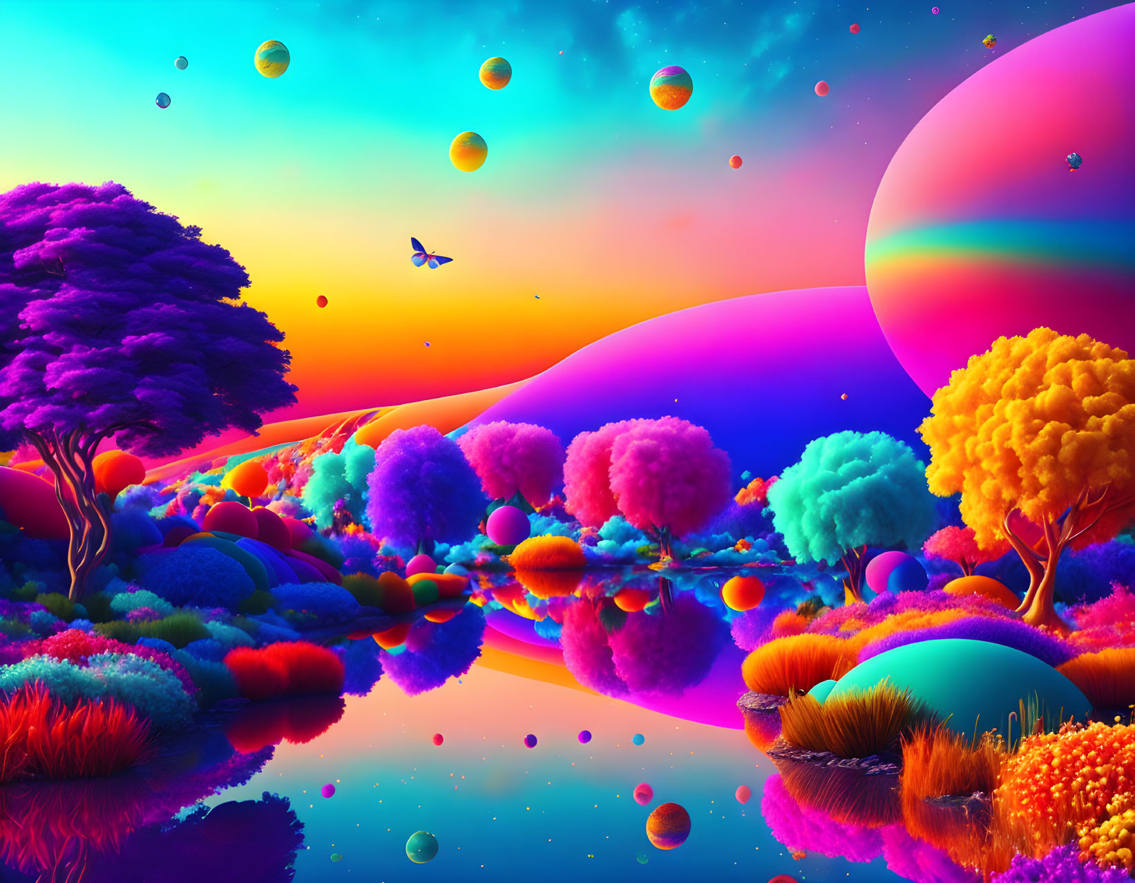 Colorful surreal landscape with trees, reflective spheres, and butterfly