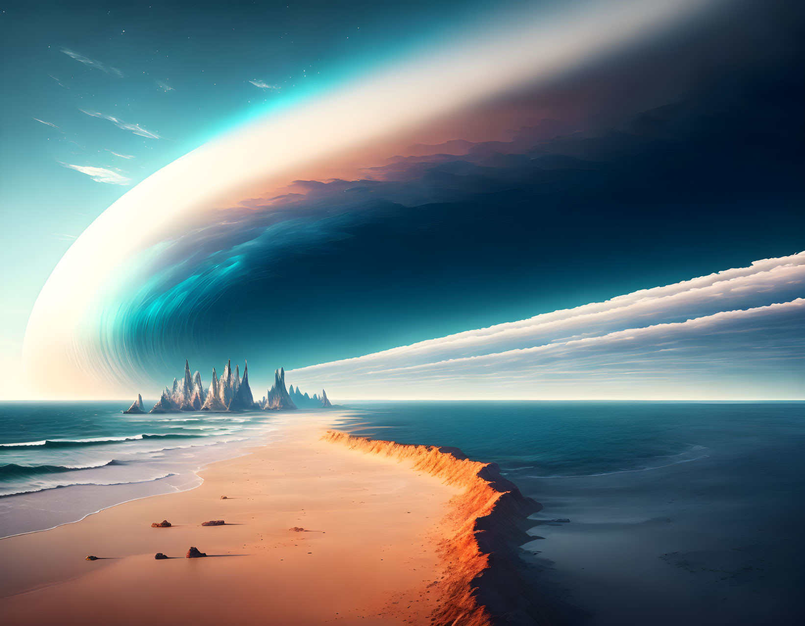 Surreal beachscape with giant planet, dramatic clouds, serene ocean