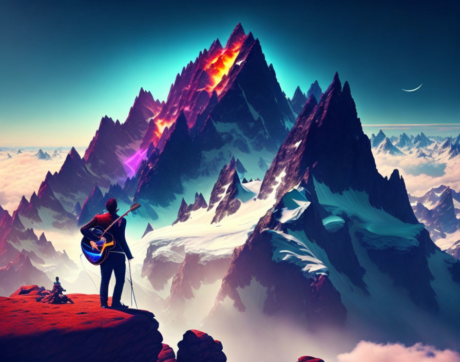 Person playing guitar on rocky outcrop with surreal purple mountains and crescent moon