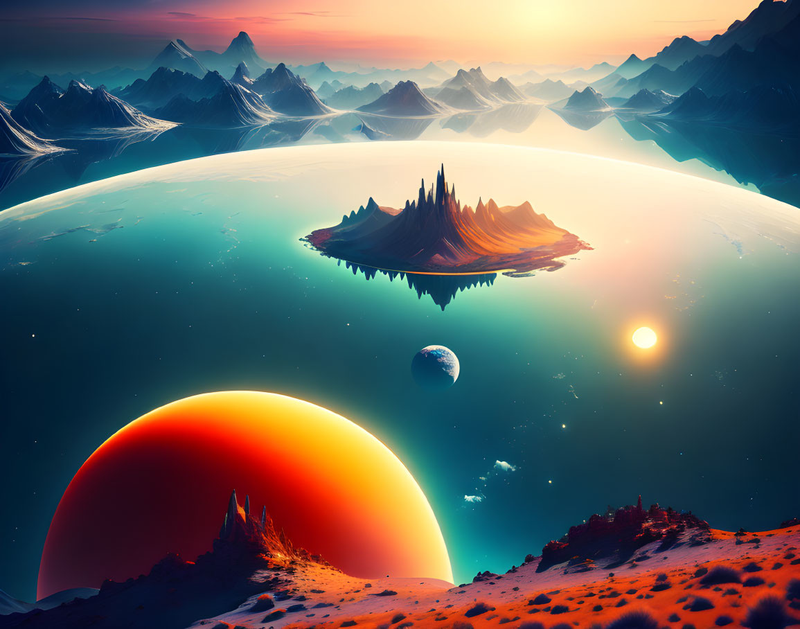 Sci-fi landscape with large orange planet, serene lake, mountains, and castle under twilight sky