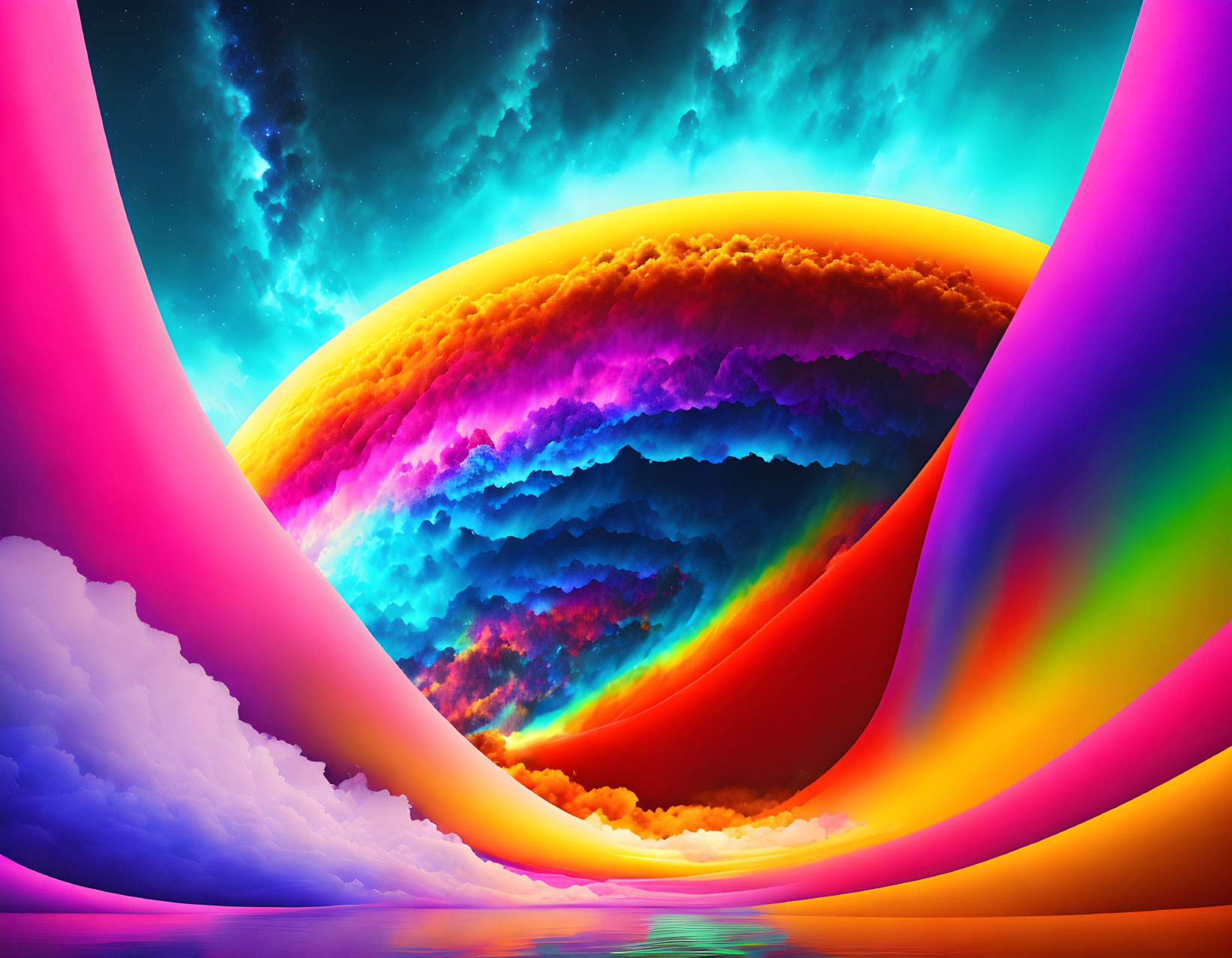 Colorful surreal landscape: rainbow swirl, ocean, vivid clouds, starry sky