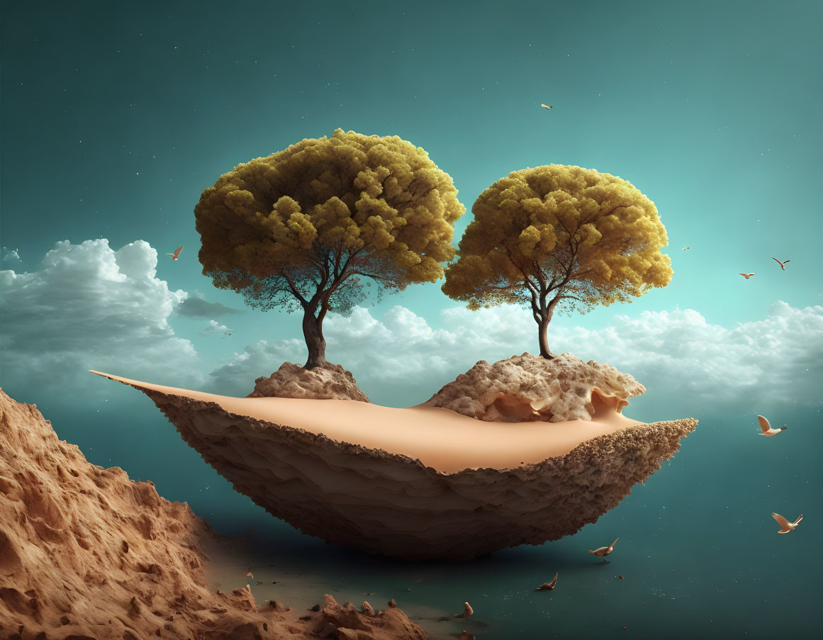 Scenic image of floating island with trees under blue sky and birds amid rock formations