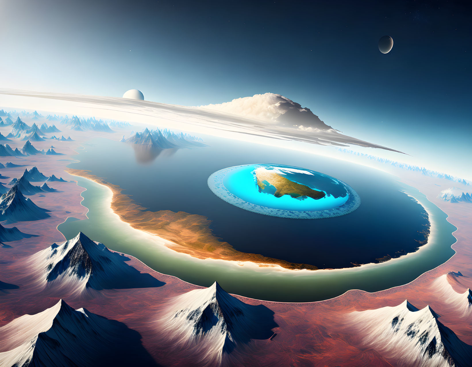 Fantastical landscape with mountains, flat earth disc, oceans, land, and dual moons.