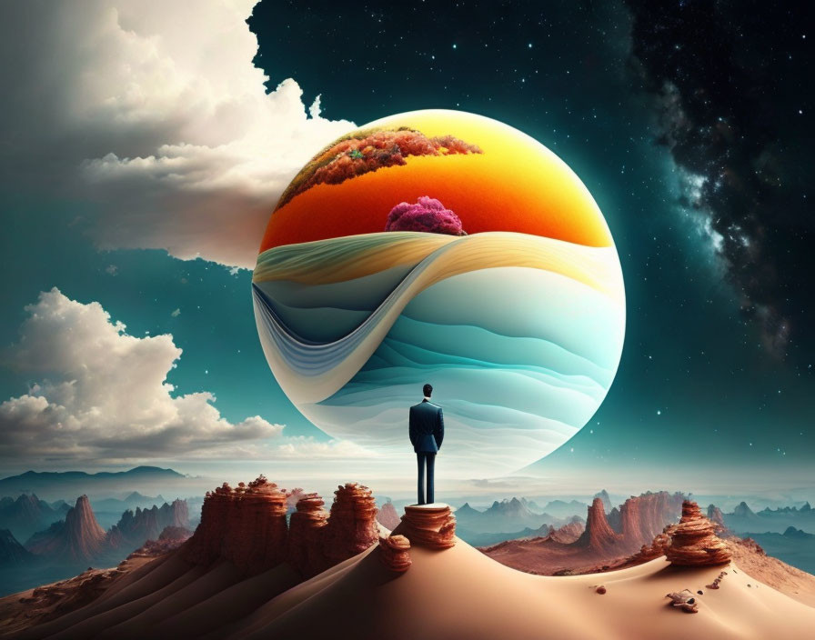 Person standing on rocky outcrop gazes at massive surreal sphere with colorful landscapes against starry sky