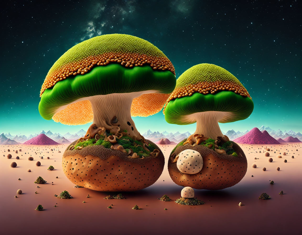 Vibrant green mushrooms on surreal desert landscape