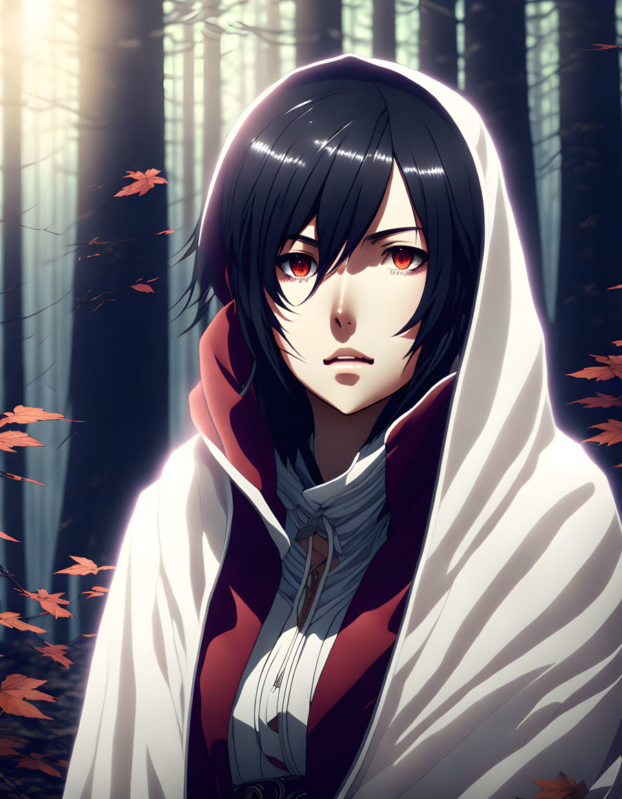 Long black hair, red-eyed character in white cape amidst red leaf forest