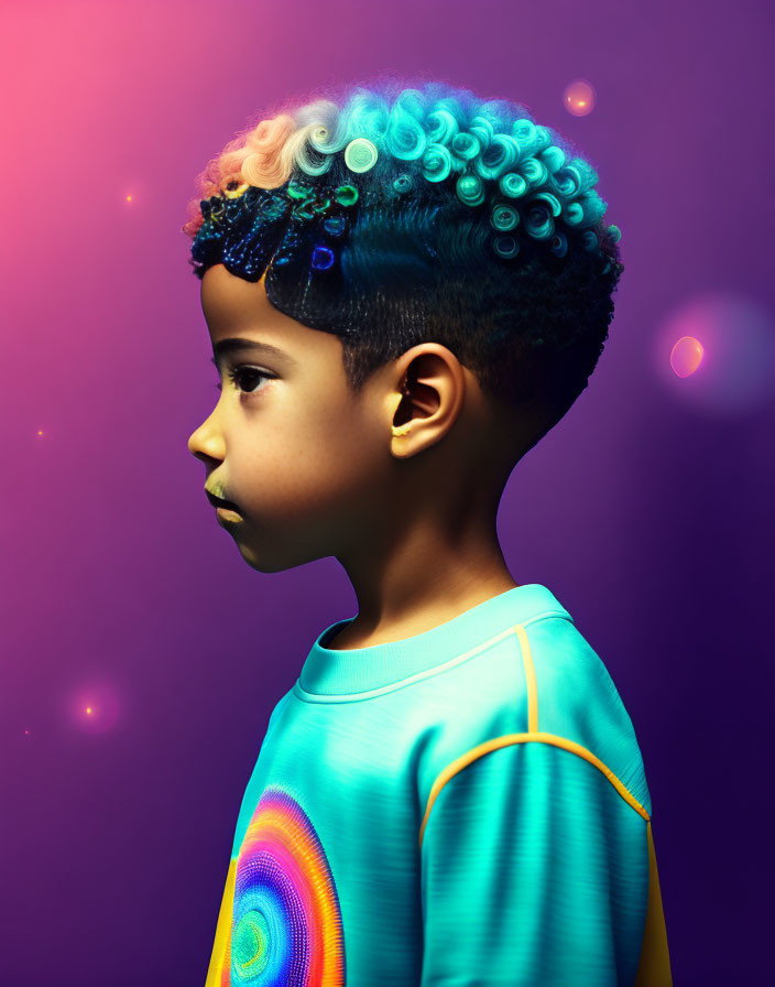 Child in Colorful Outfit with Aquatic Hairstyle on Purple Background